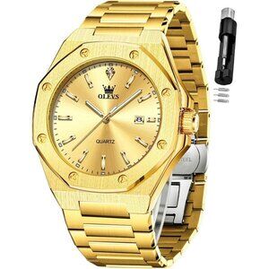Olevs Men's Gold Stainless Steel Analog Luminous Waterproof Easy Wear Watch